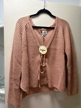 Hayden Blush Pink V-Neck Lace-Up Knit Sweater